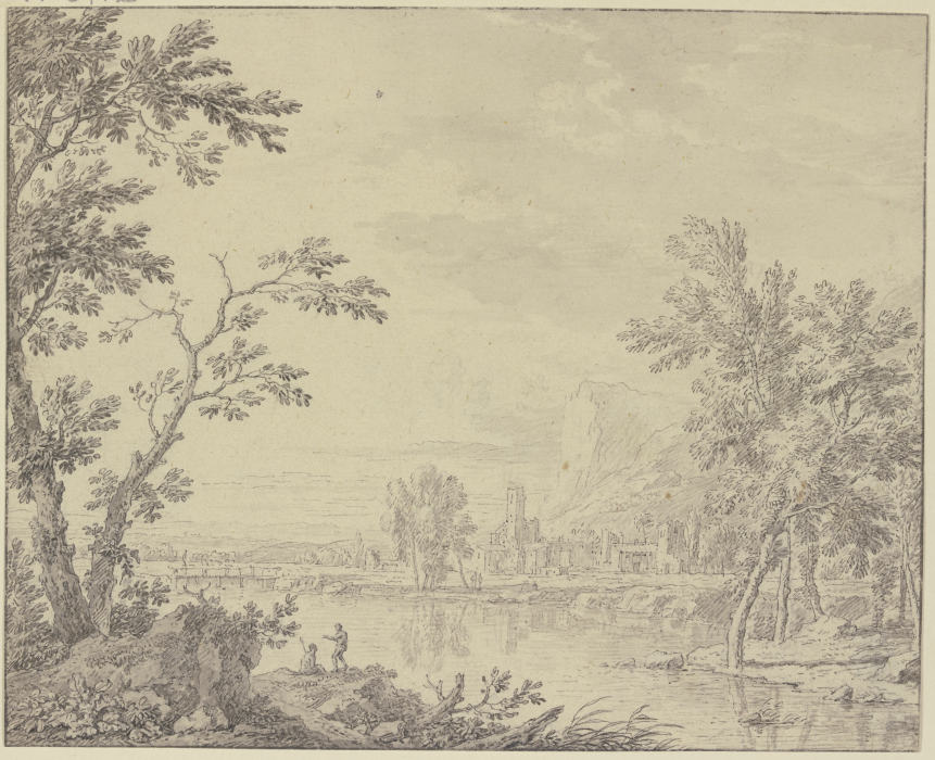 Landschaft mit einer Stadt am Wasser a Jan van Huysum