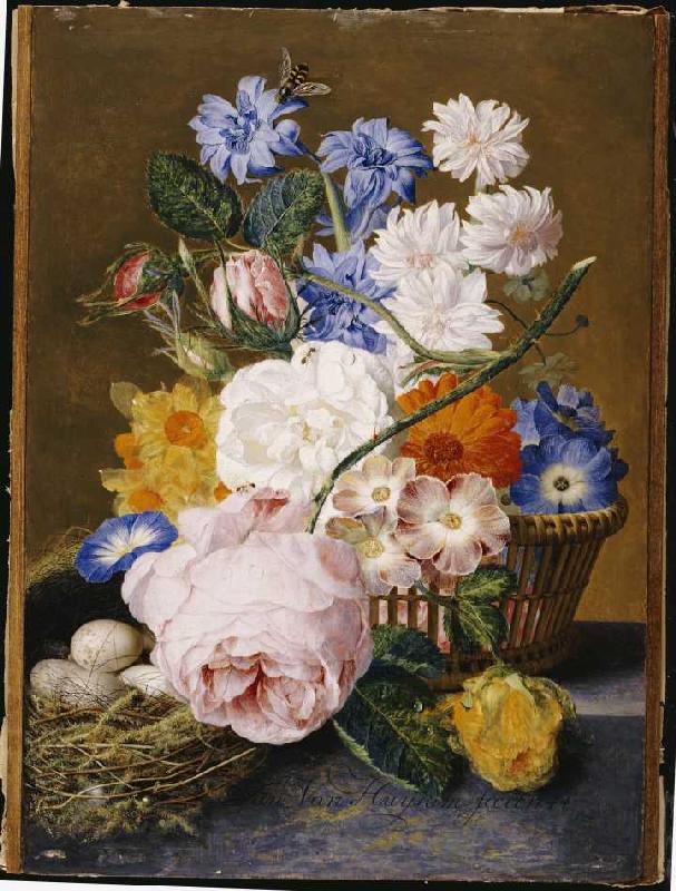 Rosen, Winden, Osterglocken, Astern und andere Blumen neben einem Vogelnest a Jan van Huysum