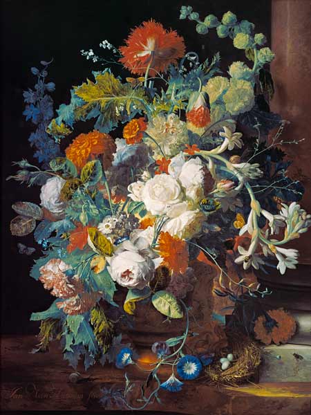 Bouquet of flowers at a column a Jan van Huysum