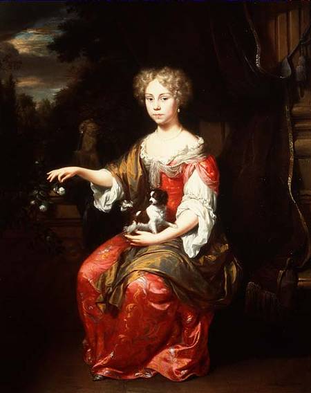 Portrait of a Lady holding her pet King Charles Spaniel a Jan Verkolje