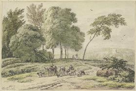 An einer Baumgruppe zwei Eselstreiber von hinten