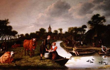 River Landscape with a couple carrying a milk churn a Jan Victors