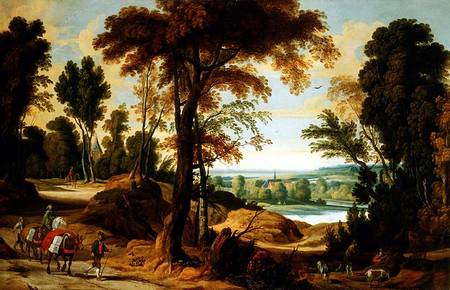 A wooded river landscape with figures on a road a Jan Wildens