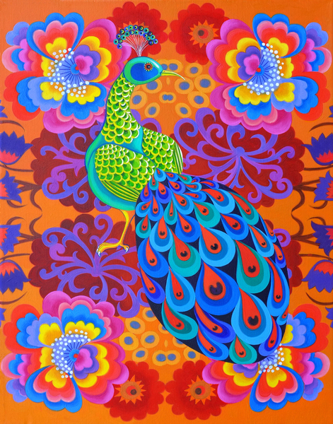 Peacock with flowers a Jane Tattersfield