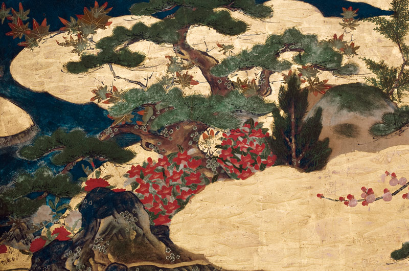 Detail of Spring in the Palace, six-fold screen from 'The Tale of Genji' a Japanese School