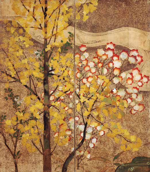 Albero d'autunno (seta dipinta) a Japanese School