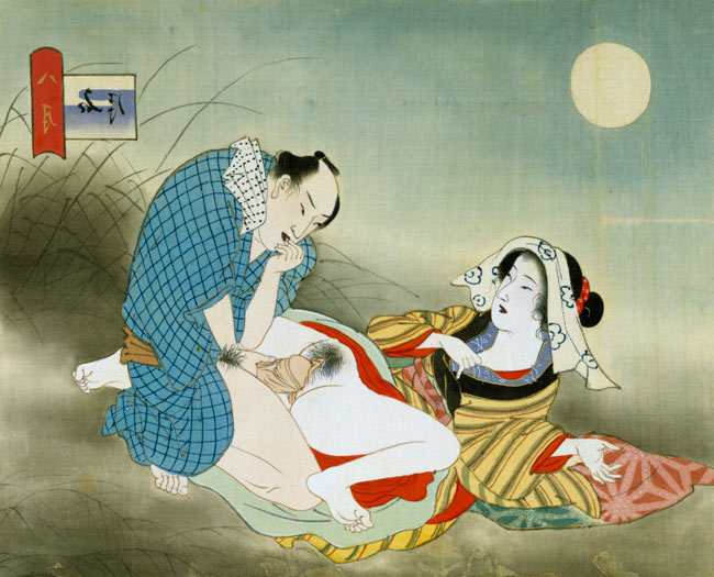 Couple Making Love in the Moonlight (w/c on silk) a Japanese School