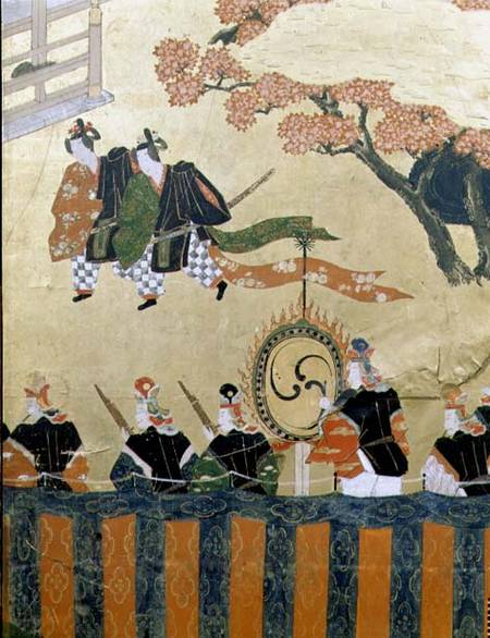 Detail from a four leaf screen depicting two courtiers wearing kazaritachi and soldiers, Tosa School a Japanese School