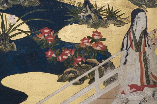Detail of Spring in the Palace, six-fold screen from 'The Tale of Genji' a Japanese School