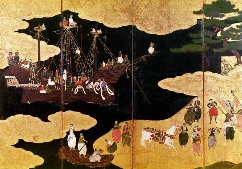The Arrival of the Portuguese in Japan, detail of the left-hand section of a folding screen, Kano Sc a Japanese School