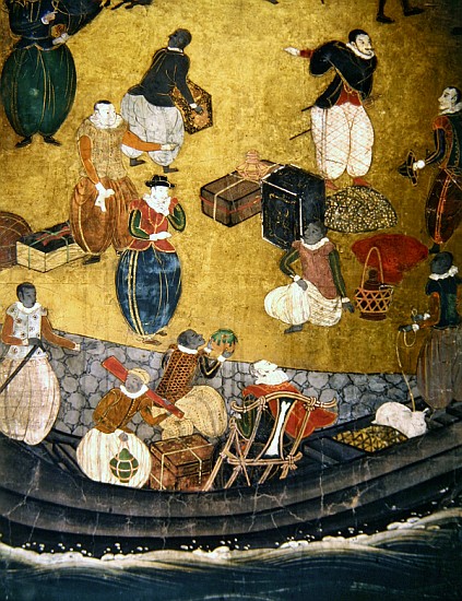 The Arrival of the Portuguese in Japan, detail of unloading merchandise, from a Namban Byobu screen, a Japanese School