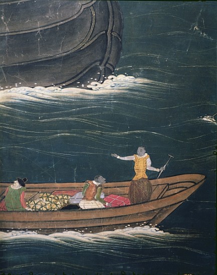 The Arrival of the Portuguese in Japan, detail of small ship with cargo, from a Namban Byobu screen, a Japanese School