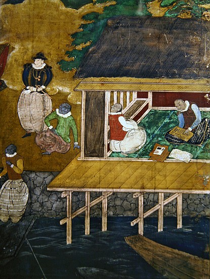 The Arrival of the Portuguese in Japan, detail of a house on stilts, from a Namban Byobu screen, 159 a Japanese School