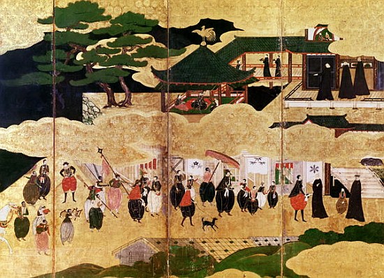 The Arrival of the Portuguese in Japan, detail of the right-hand section of a folding screen, Kano S a Japanese School
