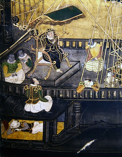 The Arrival of the Portuguese in Japan, detail showing men in the central part of a ship, from a Nam a Japanese School