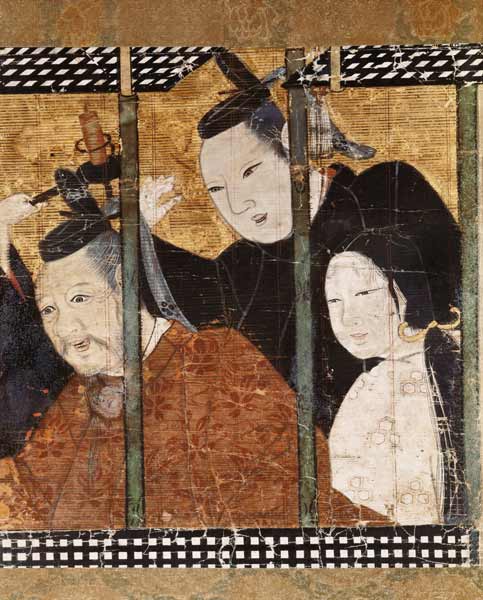 Two men and a woman behind an awning, detail from a screen, 15th-18th century a Japanese School