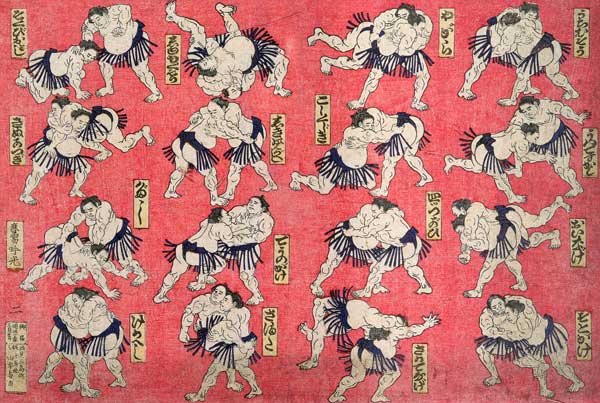 Sumo wrestlers (hand tinted wood engraving on paper) a Scuola Giapponese, (19°secolo) Scuola Giapponese, (19°secolo)