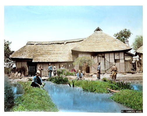View of a Japanese Farm, c.1900 (hand coloured photo) a Japanese School, (20th century)
