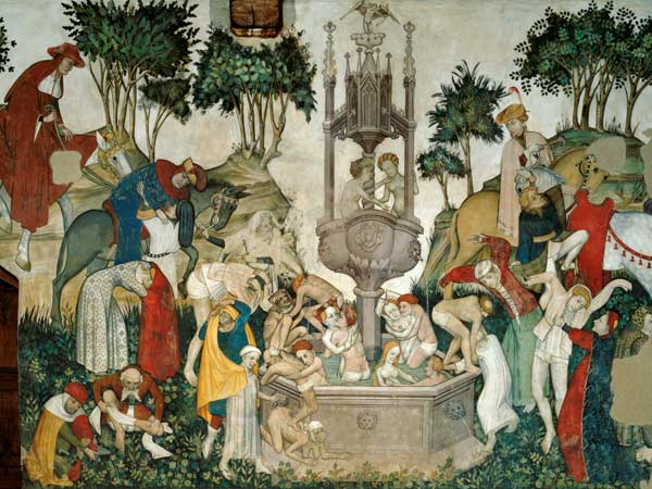 The Fountain of Life, detail of people arriving and bathing in the fountain a Jaquerio