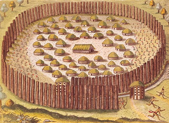 Fortified Indian Village, from ''Brevis Narratio...'', published by Theodore de Bry, 1591(detail of  a J.(de Morgues) Bry Th. (1528-98) after Le Moyne