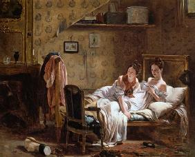 Two Women in a Bed disturbed by a Cat