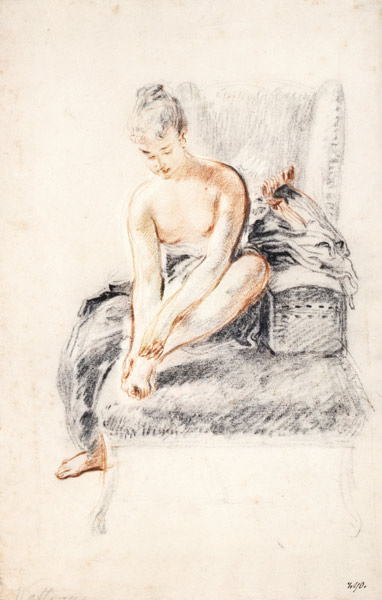 Semi-nude woman seated on a chaise longue, holding her foot (sanguine and black chalk on paper) a Jean Antoine Watteau