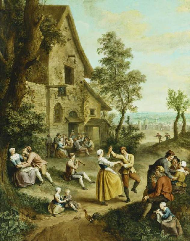 Bauern tanzen vor einer Taverne. a Jean-Antoine Watteau