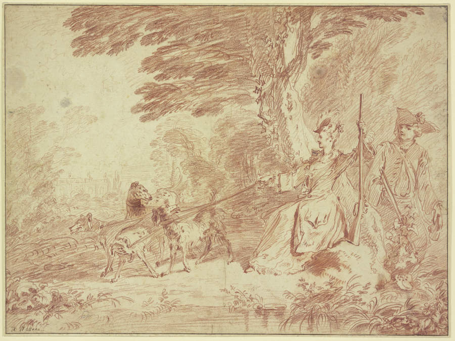 Jagdpartie, Jägerin und Jäger mit vier Hunden in einer Landschaft a Jean-Antoine Watteau