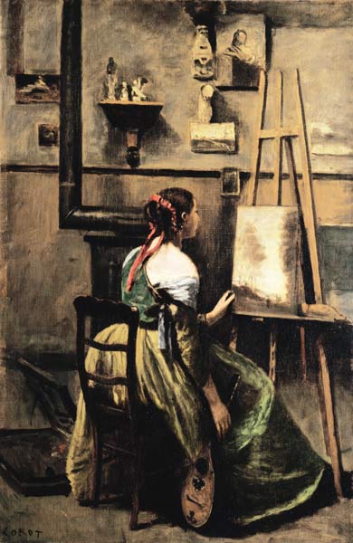 The Studio of Corot, or Young woman seated before an Easel, 1868-70 (oil on canvas) a Jean-Babtiste-Camille Corot