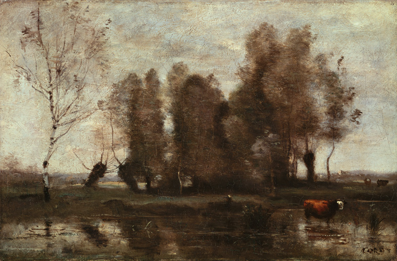 Cluster of trees on a river shore a Jean-Babtiste-Camille Corot