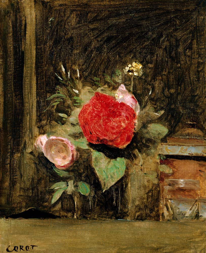 Bouquet of Flowers in a Glass beside a Tobacco Pot a Jean-Babtiste-Camille Corot