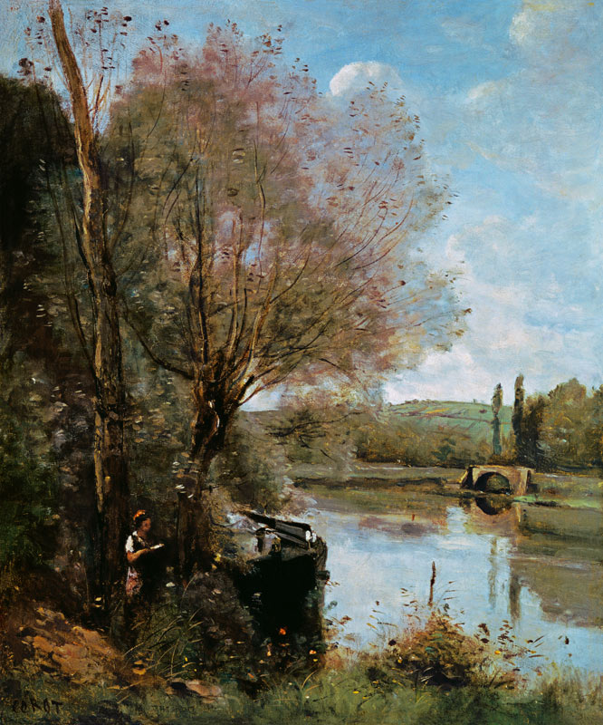 Reading at a wooded riverbank a Jean-Babtiste-Camille Corot