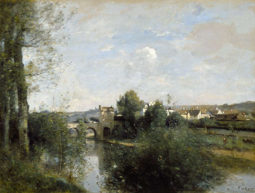 Seine and Old Bridge at Limay a Jean-Babtiste-Camille Corot