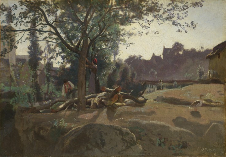 Peasants under the Trees at Dawn a Jean-Babtiste-Camille Corot