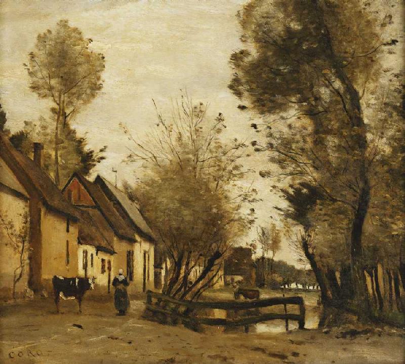 Flesselles, Straße mit Bauer und Kuh (Flesselles, une Rue avec une Paysanne et sa Vache) a Jean-Babtiste-Camille Corot