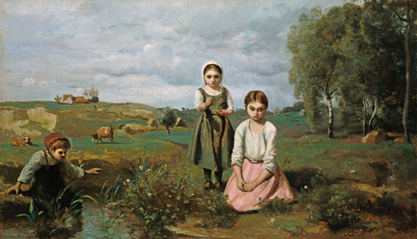 Children beside a brook in the countryside, Lormes (oil on canvas) a Jean-Babtiste-Camille Corot