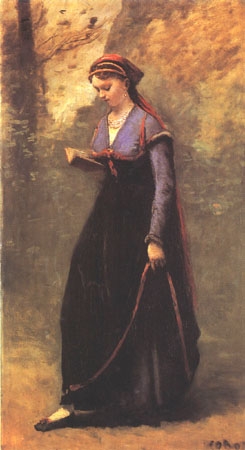 Reading girl in the velvet skirt a Jean-Babtiste-Camille Corot