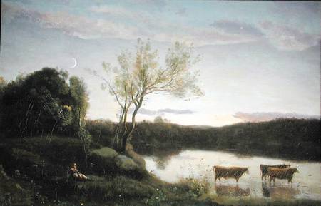 A Pond with three Cows and a Crescent Moon a Jean-Babtiste-Camille Corot