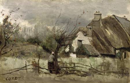 Thatched cottage in Picardie a Jean-Babtiste-Camille Corot