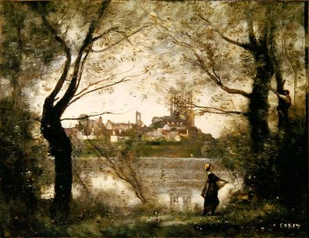 View of the Town and Cathedral of Mantes Through the Trees, Evening a Jean-Babtiste-Camille Corot