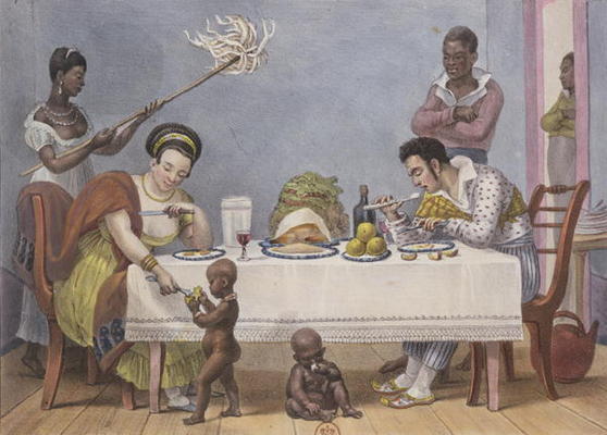 The Dinner, a white couple being served and fanned by black slaves, from 'Voyage Pittoresque et Hist a Jean Baptiste Debret