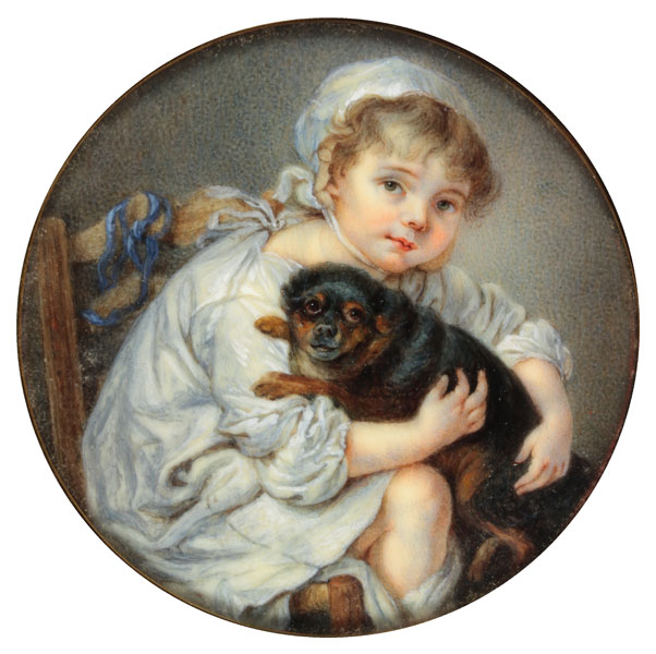 Kleines Mädchen mit Hund (Emaille) a Jean Baptiste Greuze