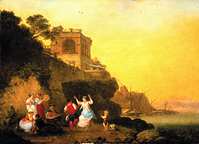 Tarantella dancing country people at the coast at Marechiaro. a Jean-Baptiste Hilaire