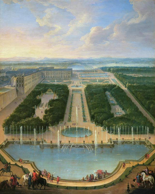 Perspective view of the chateau of Versailles seen from the Neptune Fountain a Jean-Baptiste Martin