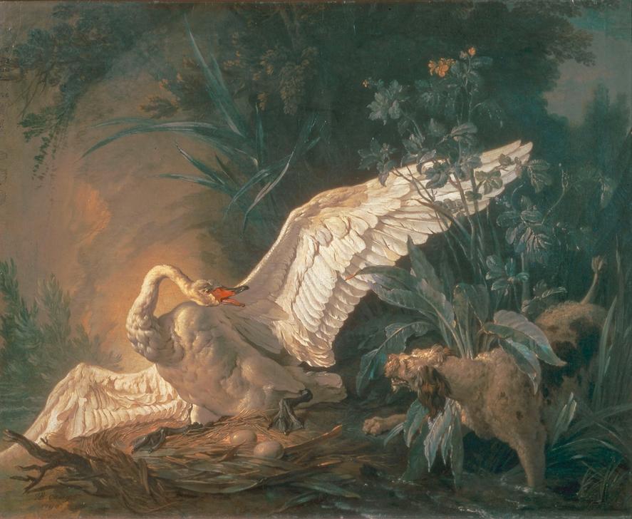 Chien barbet attaquant un cygne dans son nid a Jean Baptiste Oudry