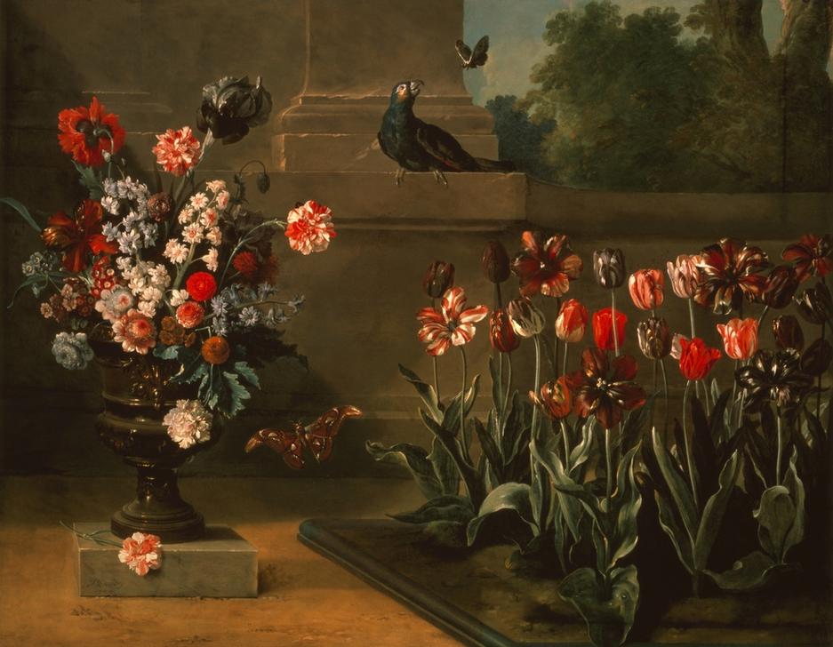 Parterre de tulipes et vase de fleurs au pied d’un mur a Jean Baptiste Oudry