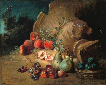 Obststillleben next to a stoneware vase brought down