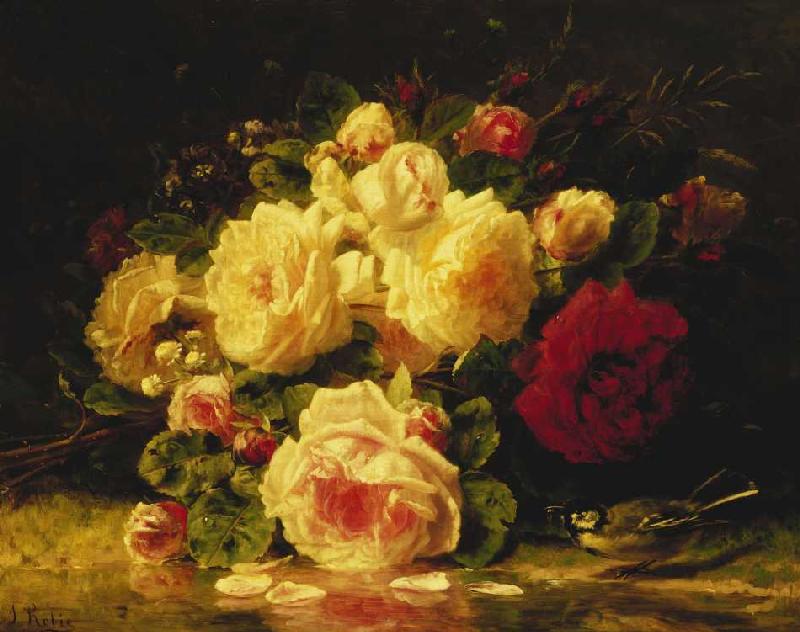 Rosen mit Blaumeise an einem Bach. a Jean Baptiste Robie