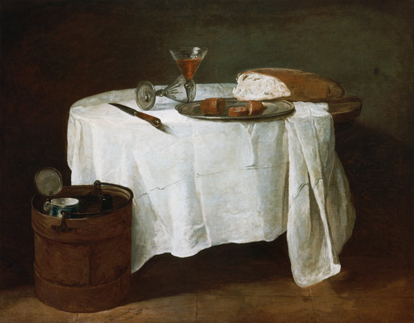 Bread, sausage and two wine-glasses on a round table. a Jean-Baptiste Siméon Chardin