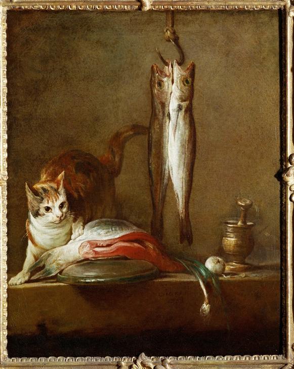 Chat avec tranche de saumon, deux maquereaux, mortier et pi a Jean-Baptiste Siméon Chardin